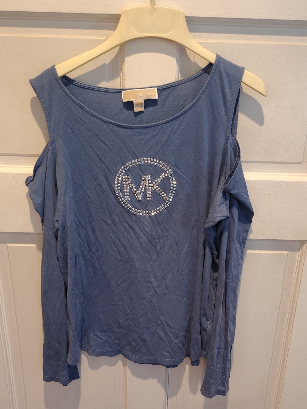 Michael Kors Denim Blue Cold-Shoulder Long Sleeve Top with Rhinestone MK